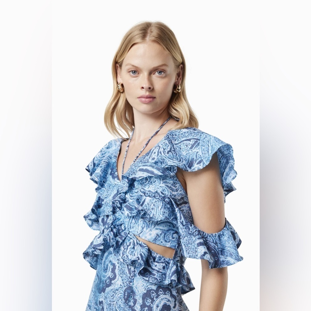 Elliatt Snow Printed Linen Gown Blue Floral Wedding Guest Vacation Summer - Picture 7 of 8